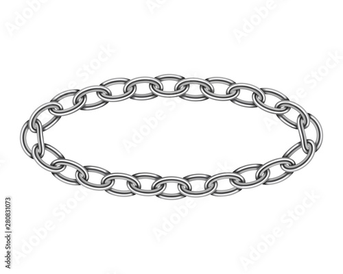 Realistic metal circle frame chain texture. Silver color round chains link isolated on white background. Strong iron chainlet solid three dimensional design element.