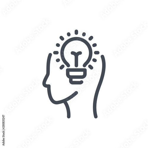 Creative Idea and brainstorm line icon. Head with light bulb vector outline sign.
