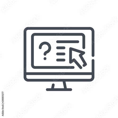Online exam line icon. Computer with questionnaire vector outline sign.