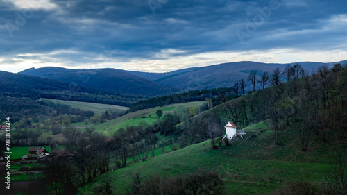 Granary on mountain, valley panorama