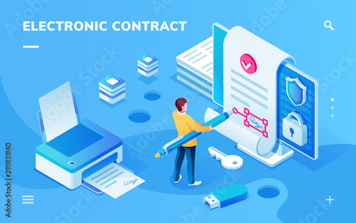Screen for electronic contract or signature smartphone application. Man with pen signing e-contract with e-signature near printer with document and safe lock. Page for e-business. Digital deal photo