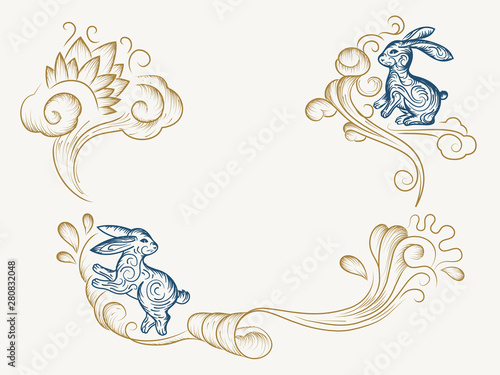 Hand drawn background for chinese mid autumn festival. Sketch of holiday bunny or rabbit on wavy clouds for Vietnamese celebration. Decoration for Zhongqiu jie or harvest moon festive. Asia religion