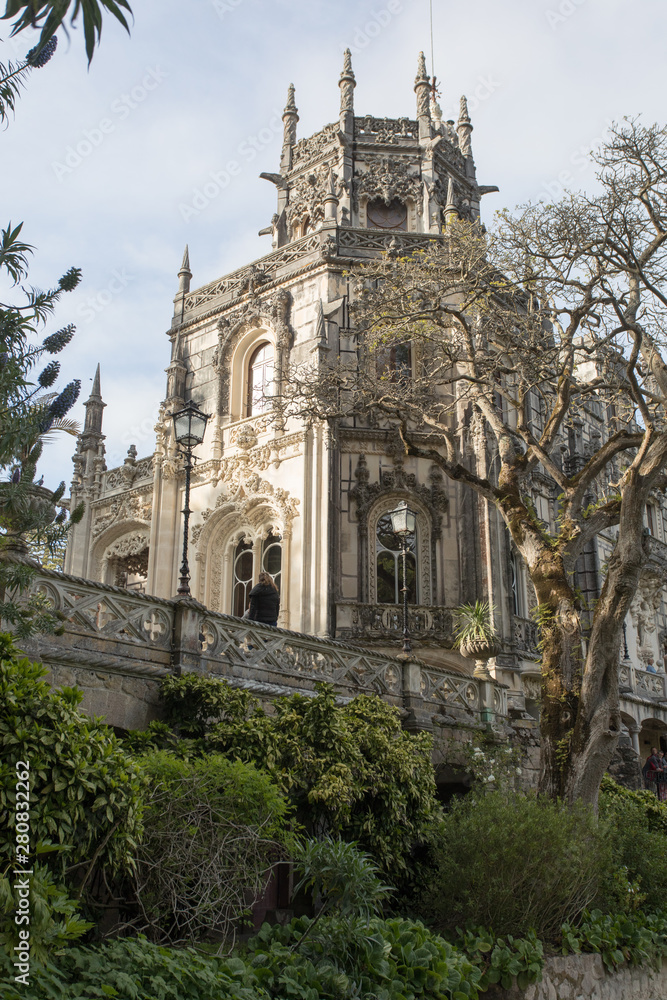 Sintra, Portugal. May 2019: Quinta da Regaleira, masonry medieval monument in Sintra.