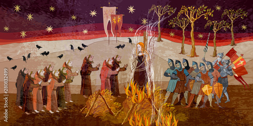 Medieval scene. Inquisition. Burning witches. Middle Ages parchment style. Joan of Arc (Jeanne d'Arc) concept. Monks and soldiers at a fire with the witch. Ancient book vector illustration