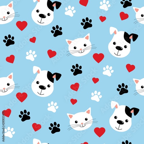 Fototapeta Naklejka Na Ścianę i Meble -  Seamless pattern with cute cats and dogs. Lovely vector illustration and design for fabrics, textile, wallpaper and background for kids. Blue background