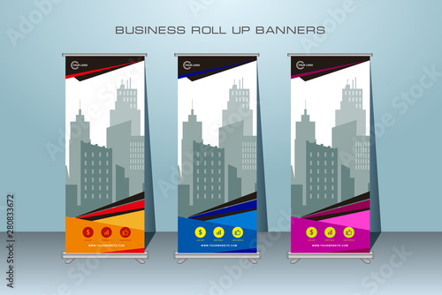 Creative roll up banner stand template design. Vertical banner template.  Universal standing banner for conference, promotion banner vector background.  Modern publication x-banner and flag-banner.