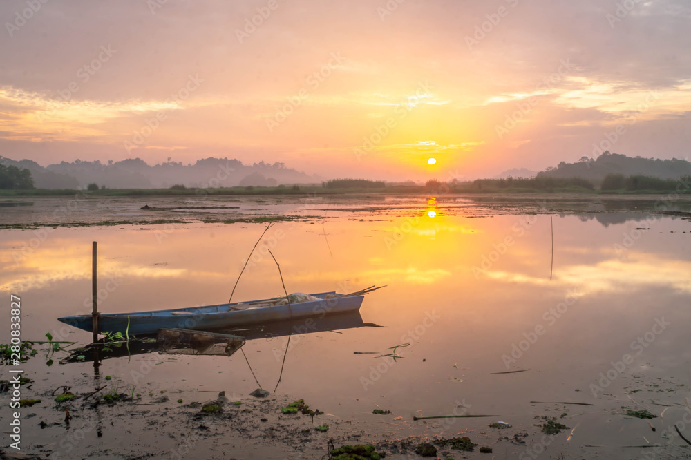 Fototapeta premium beautiful panorama of sunrise at Benanga Reservoir, Samarinda, East Kalimantan, Indonesia