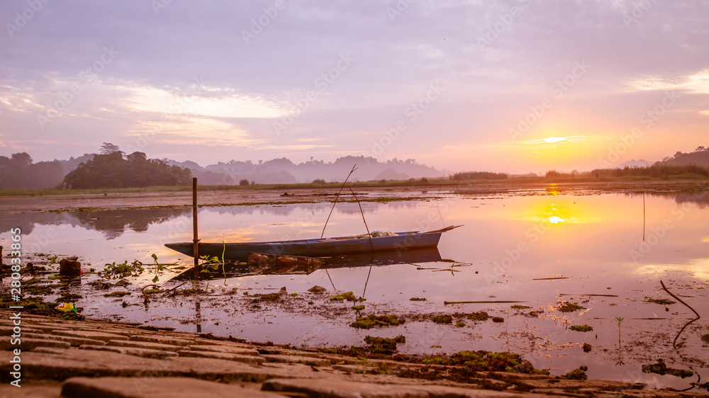 beautiful panorama of sunrise at Benanga Reservoir, Samarinda, East Kalimantan, Indonesia