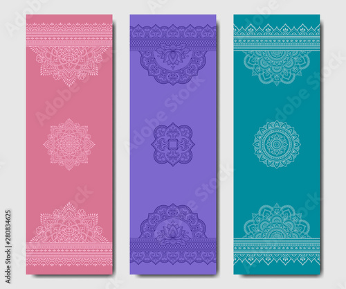 Set of design yoga mats. Floral and mandala pattern in oriental style for decoration sport equipment. Colorful ethnic Indian ornaments for spiritual serenity. Decor of business card, poster, print.