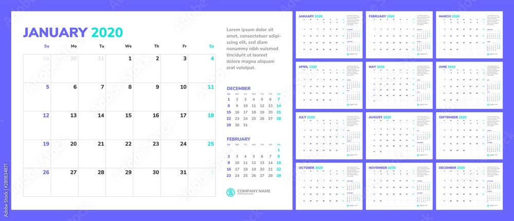 Wall calendar for 2020 year in clean minimal style. Week Starts on Sunday. Set of 12 Months. Wall calendar for 2020 year in clean minimal style. Week Starts on Sunday. Set of 12 Months.