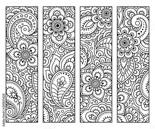 Bookmark for book - coloring. Set of black and white labels with floral doodle patterns, hand draw in mehndi style. Sketch of ornaments for creativity of children and adults with colored pencils.