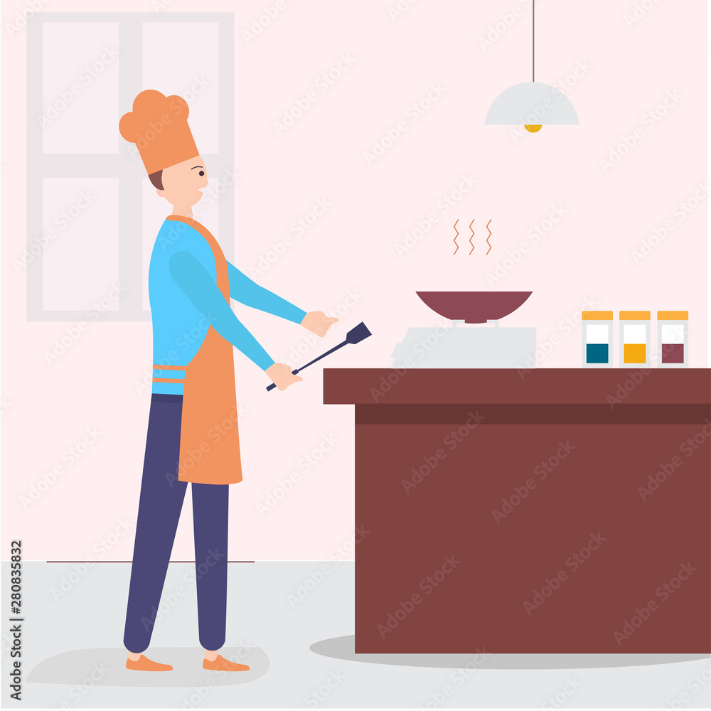 Chef cooking on the kitchen. Vector character in cartoon style. Illustration of chef cook on kitchen cooking