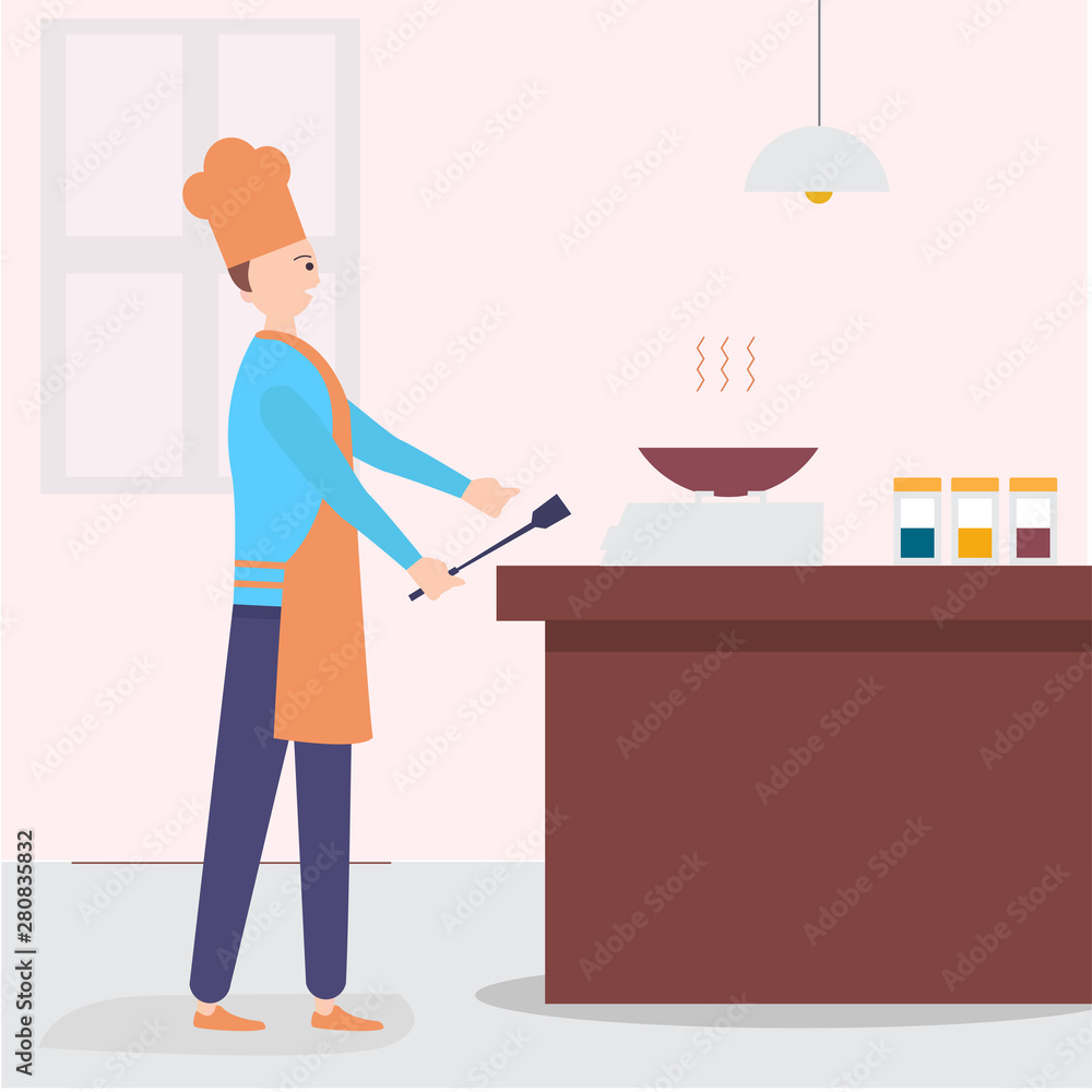 Chef cooking on the kitchen. Vector character in cartoon style. Illustration of chef cook on kitchen cooking Chef cooking on the kitchen. Vector character in cartoon style. Illustration of chef cook on kitchen cooking