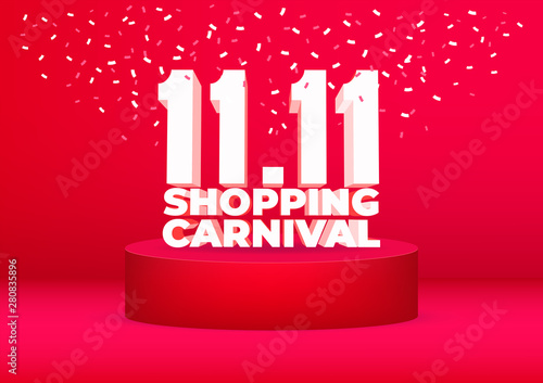 11.11 Shopping carnival sale poster or flyer design. Global shopping world day Sale on red background. 11.11 Crazy sales online.