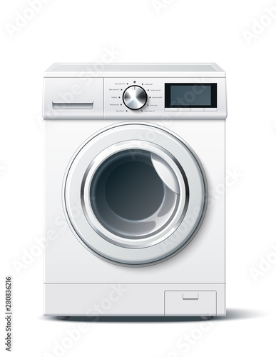 Realistic washing machine mockup. Modern laundromat, 3d laundry, washing appliance for household chores. Vector bathroom equipment for cloth washing.