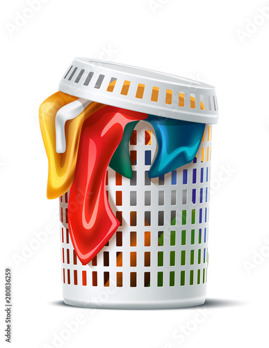 Realistic laundry basket full of dirty apparel. Vector plastic container for dirty clothing. Tshirts, towels, underware in washing bowl. Laundry service ad design.