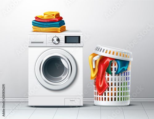 Realistic washing machine with fresh clean folded clothing and laundry basket with dirty cloth. Modern laundromat, 3d laundry, washing appliance for household chores. Vector bathroom equipment