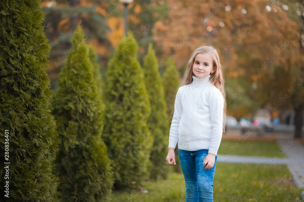 Autumn portrait of a girl in a white sweater and jeans. A girl with long hair in the fall in the park. Autumn portrait of a girl in a white sweater and jeans. A girl with long hair in the fall in the park.