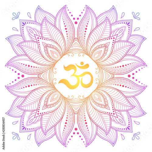 Color Circular pattern in form of mandala with ancient Hindu mantra OM and lotus flower for Henna, Mehndi, decoration. Decorative ornament in oriental style. Rainbow design on white background.