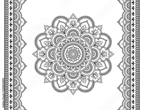 Set of mandala pattern and seamless border for Henna drawing and tattoo. Decoration in ethnic oriental mehndi, Indian style. Doodle ornament in black and white. Hand draw vector illustration.