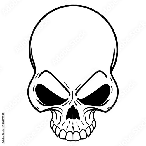 Bad skull Skull looking down. Horror, scribble, outline, comic, ink, sketch, doodle, vector, illustration, line, cartoon, black, white, drawing, stroke, monochrome.