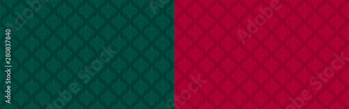 Dark emerald green and red ( marsala, burgundy, maroon) seamless damask pattern. Premium royal party. Luxury template backdrop for king, little prince, princess, queen birthday celebration. Xmas color
