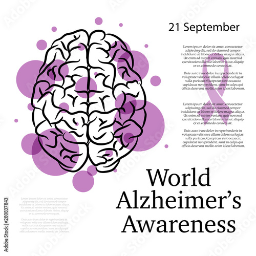 World Alzheimer day background with brain silhouette and purple circles