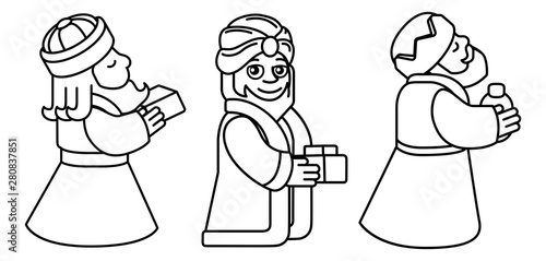 A Christmas nativity scene coloring cartoon, with with three wise men or magi and arriving with their gifts. Christian religious illustration.