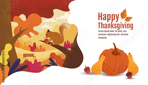 Happy Thanksgiving, Autumn, Banner Design Template, vector illustration, Drawing, Cartoon, Landscape Painting Style.