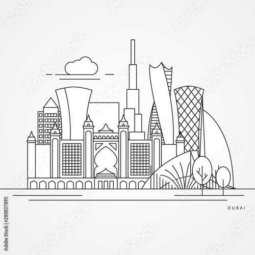 Dubai city UAE landmarks in liner style vector