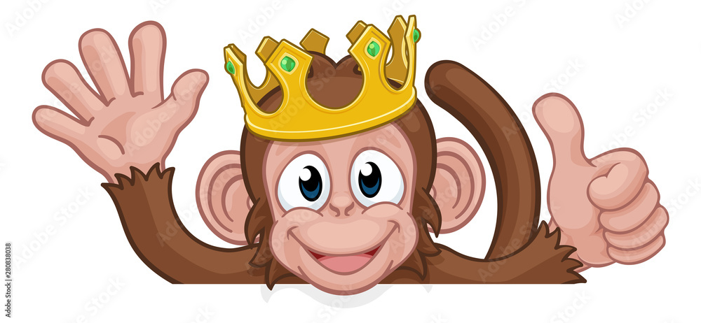 A monkey king cartoon character animal wearing a crown peeking over a sign  and waving giving a thumbs up Stock Vector | Adobe Stock