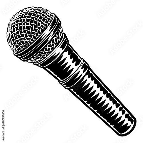 Microphone or mic in a vintage intaglio woodcut engraved or retro propaganda style
