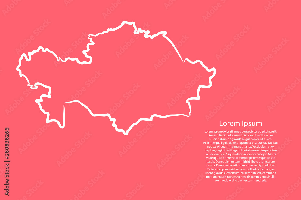 Kazakhstan map from the contour pink coral color brush lines different thickness. Vector illustration.