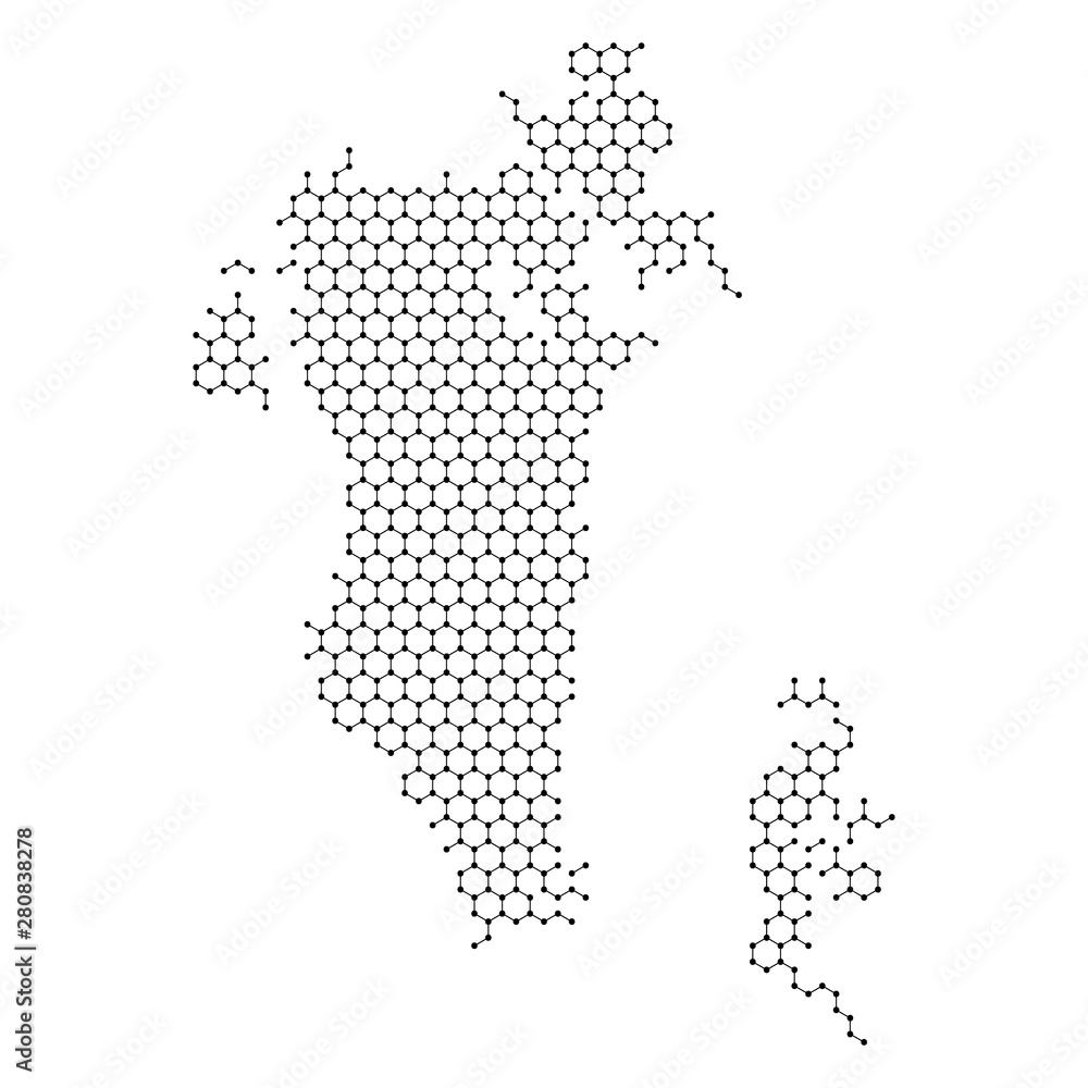 Bahrain map from abstract futuristic hexagonal shapes, lines, points black, in the form of honeycomb or molecular structure. Vector illustration.