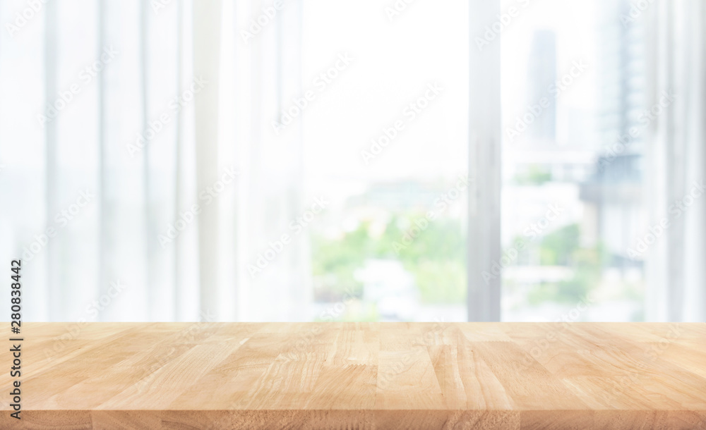 Empty of wood table top on blur of white curtain with window view background - obrazy, fototapety, plakaty 