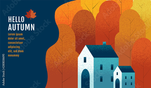 Hello Autumn, Banner Design Template, Thanksgiving, vector illustration, Drawing, Cartoon, Landscape Painting Style.