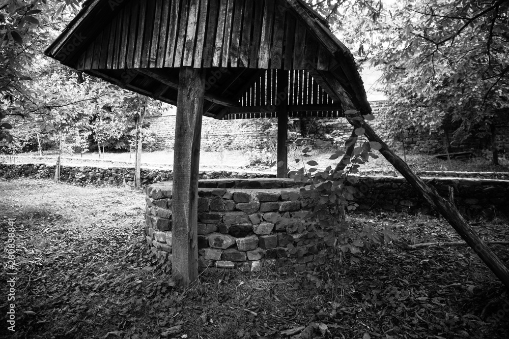 Abandoned well in the forest. Waiting for a terrible girl with a long hair. Halloween concept. Selective focus Abandoned well in the forest. Waiting for a terrible girl with a long hair. Halloween concept. Selective focus