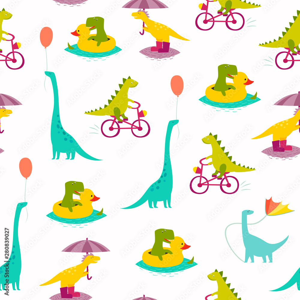 Obraz premium Dinosaur seamless pattern vector illustration. Cute T-rex cartoon style. Dino colorful character background