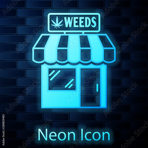 Glowing neon Marijuana and cannabis store icon isolated on brick wall background. Equipment and accessories for smoking, storing medical cannabis. Vector Illustration