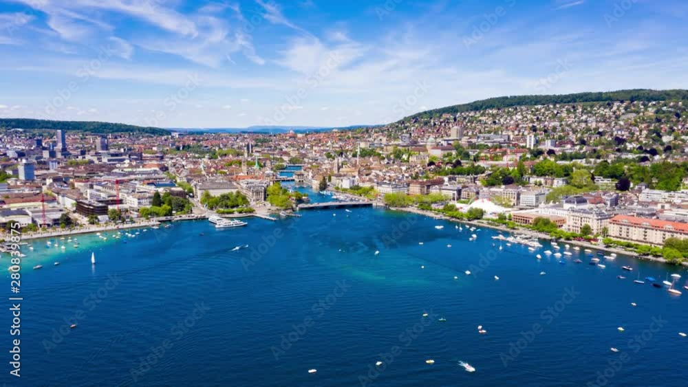4K Aerial hyperlapse timelapse of  Zurich city  in Switzerland - UHD