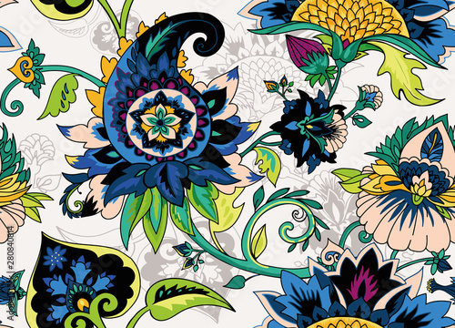 Paisley. Seamless Textile floral pattern with oriental paisley ornament.
