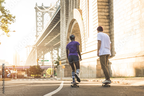 Skaters training in a skate park in New York
