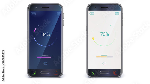 Smartphone, mobile phone isolated on white background. UI with progress of loading for mobile apps or web preloader on light and dark background. Update or download diagram. Vector 3d illustration