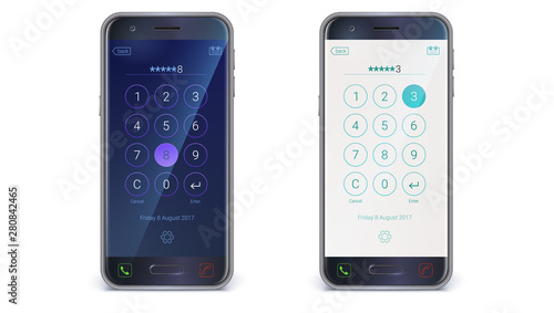 Smartphone, mobile phone isolated on white background. App with digital numpad, user mobile interface kit. Screen lock with interface for passcode. Day and night variants. Vector 3d illustration