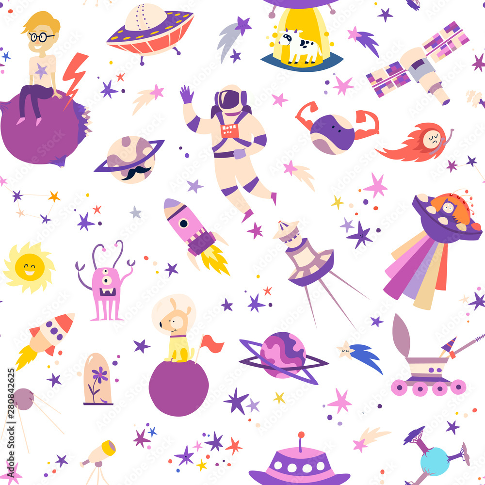 Space seamless pattern vector illustrations. Light color doodles galaxy background on white. Cosmic fantasy sky wallpaper