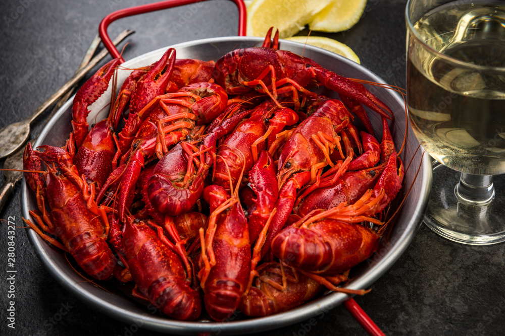 Boiled Red Crayfish, Diet Lunch Served in Saucepan Boiled Red Crayfish, Diet Lunch Served in Saucepan