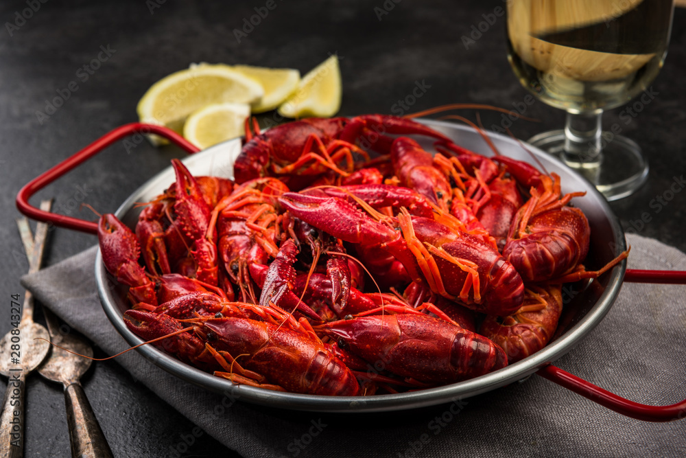 Boiled Red Crayfish, Diet Lunch Served in Saucepan Boiled Red Crayfish, Diet Lunch Served in Saucepan