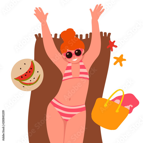 Young happy girl relax and sunbathing on the beach. Character isolated on a white background. Vector illustration in hand drawn flat style