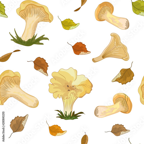 Seamless pattern with forest mushrooms chanterelles on a white background with flying autumn leaves