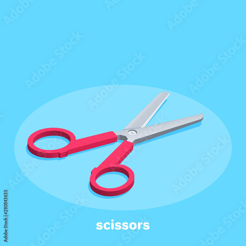 isometric vector image on a blue background, school scissors with a red pen